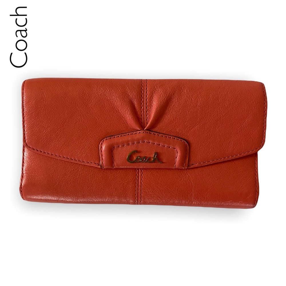 Coach Coral Pink Trifold Leather Wallet Tan Interior